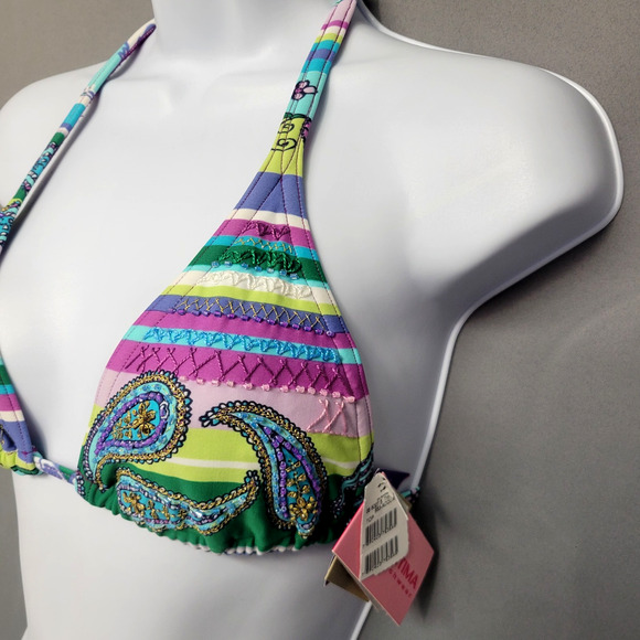 Cia Maritima Floral Bikini Top Womens Medium Embroidered Beaded Stripe Swimwear - Picture 5 of 12